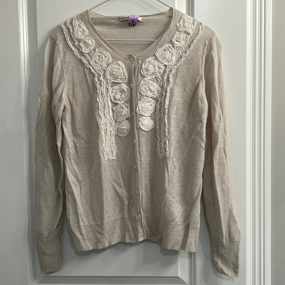 Banana Republic Tan Linen Cardigan with appliqués L